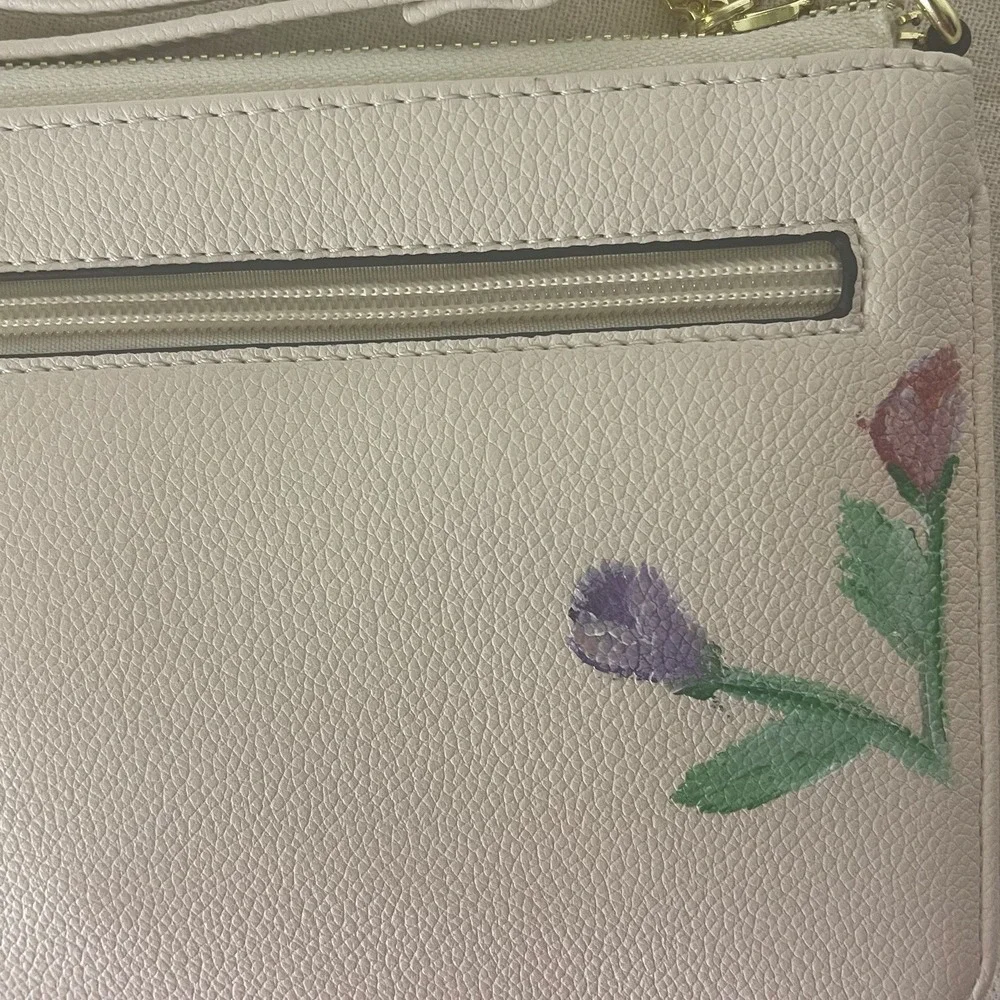 Hand Painted Yorkie Wristlet‎ Crossbody Bag Floral Off White Dog Zip Wallet
